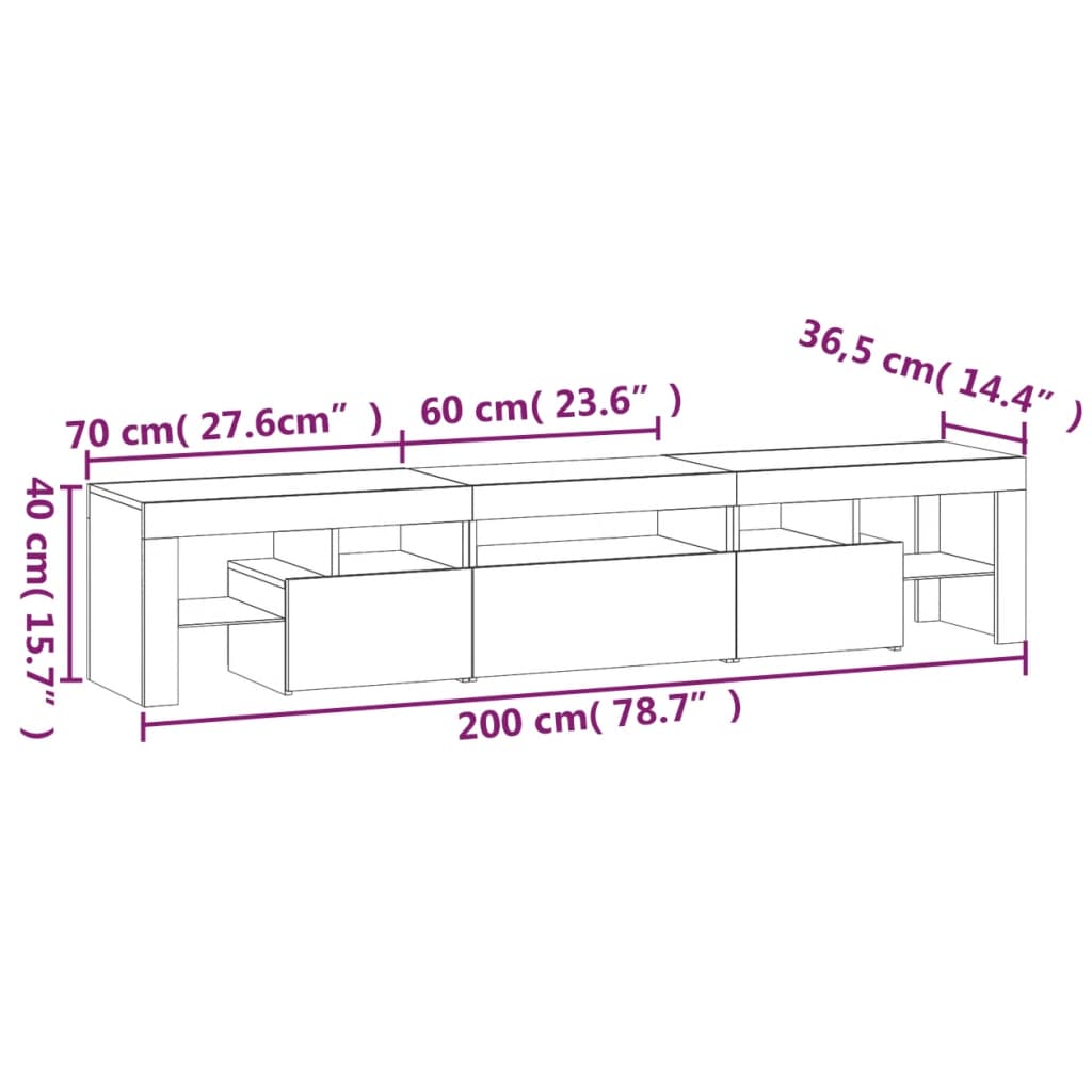 vidaXL Meuble TV avec lumières LED Blanc brillant 200x36,5x40 cm