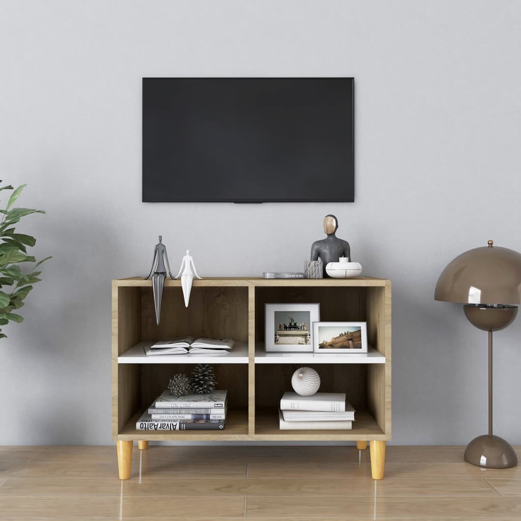 vidaXL Meuble TV avec pieds en bois massif Blanc et chêne 69,5x30x50cm