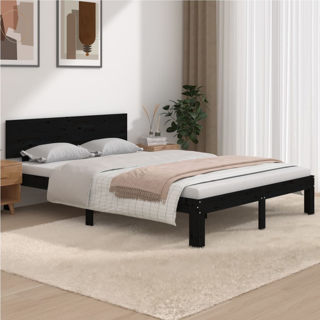 vidaXL Cadre de lit Noir Bois massif 135x190 cm Double