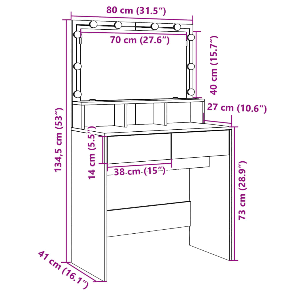 vidaXL Coiffeuse avec LED chêne fumé 80x41x134,5 cm