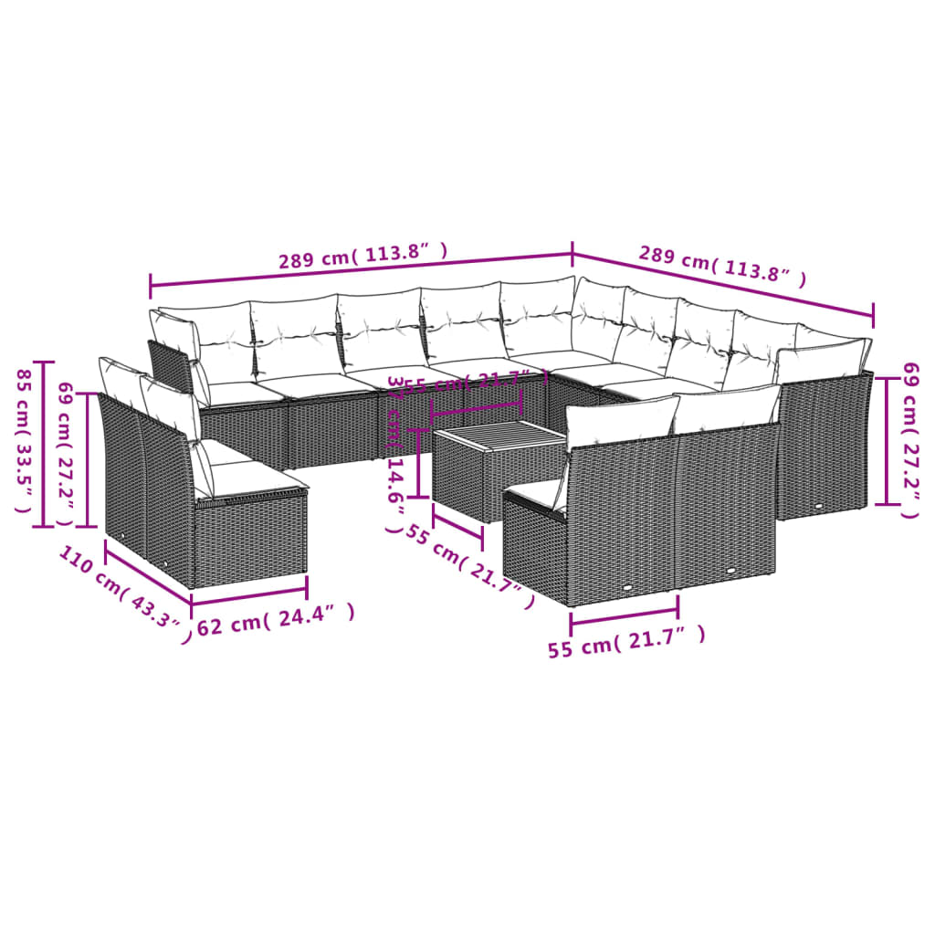 vidaXL Salon de jardin avec coussins 14 pcs noir résine tressée