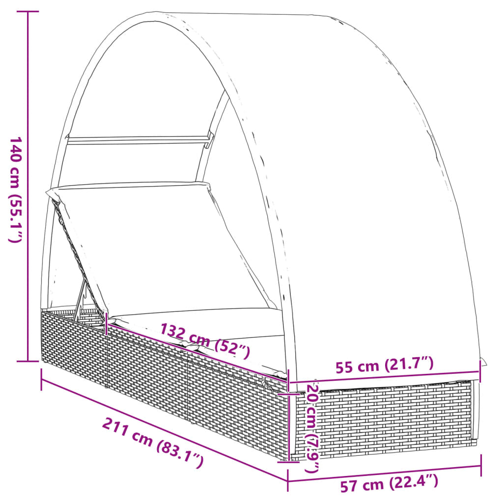 vidaXL Chaise longue avec toit rond marron 211x57x140cm résine tressée