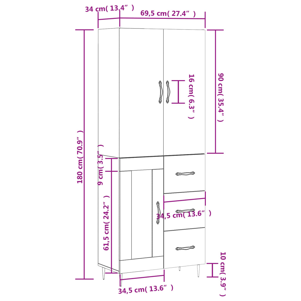 vidaXL Buffet haut Blanc 69,5x34x180 cm Bois d'ingénierie