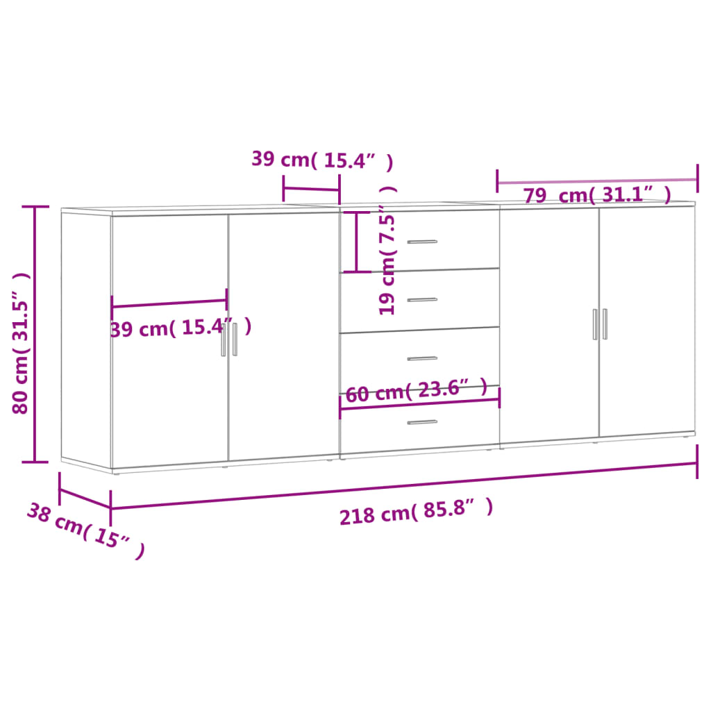 vidaXL Buffets 3 pcs gris béton bois d'ingénierie