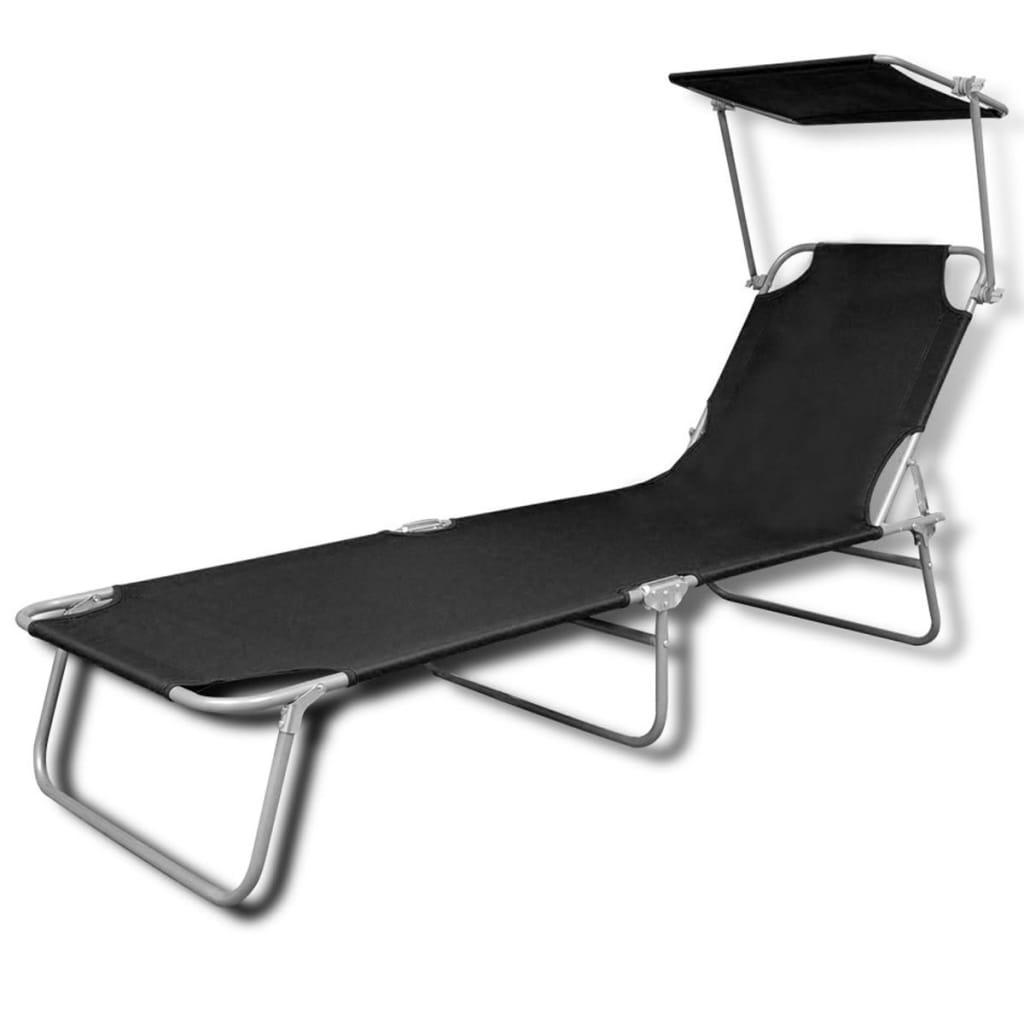 vidaXL Chaise longue pliable avec auvent acier et tissu noir