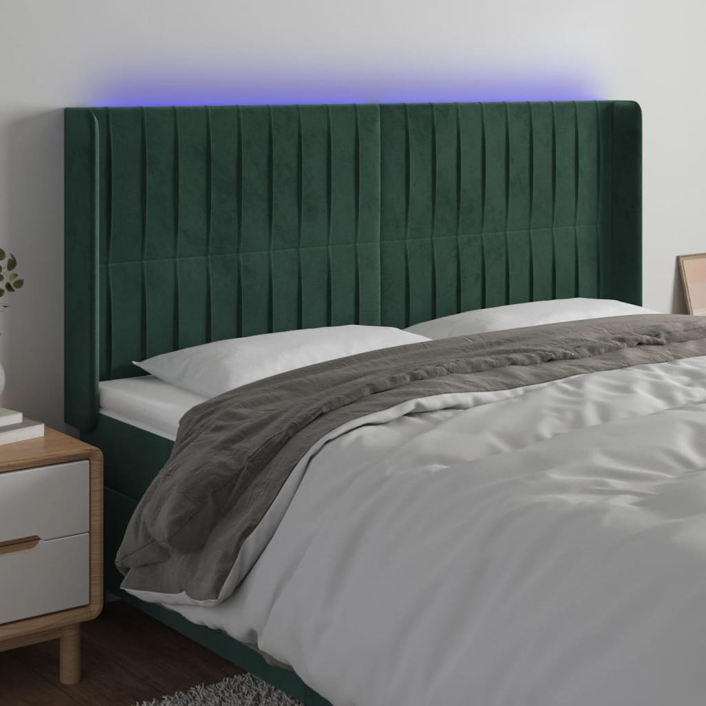 vidaXL Tête de lit à LED Vert foncé 163x16x118/128 cm Velours