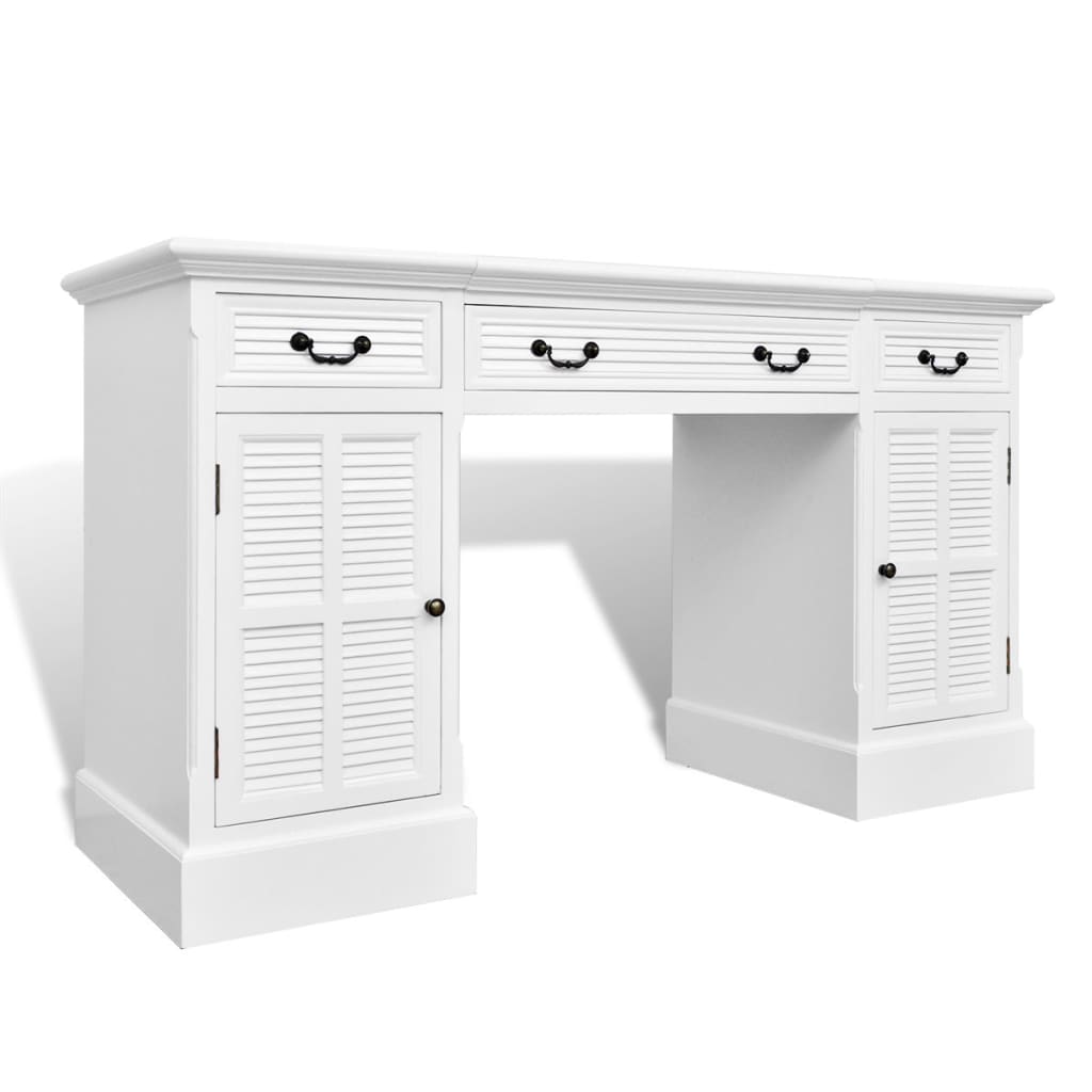 Bureau blanc à double piédestal avec armoires et tiroirs