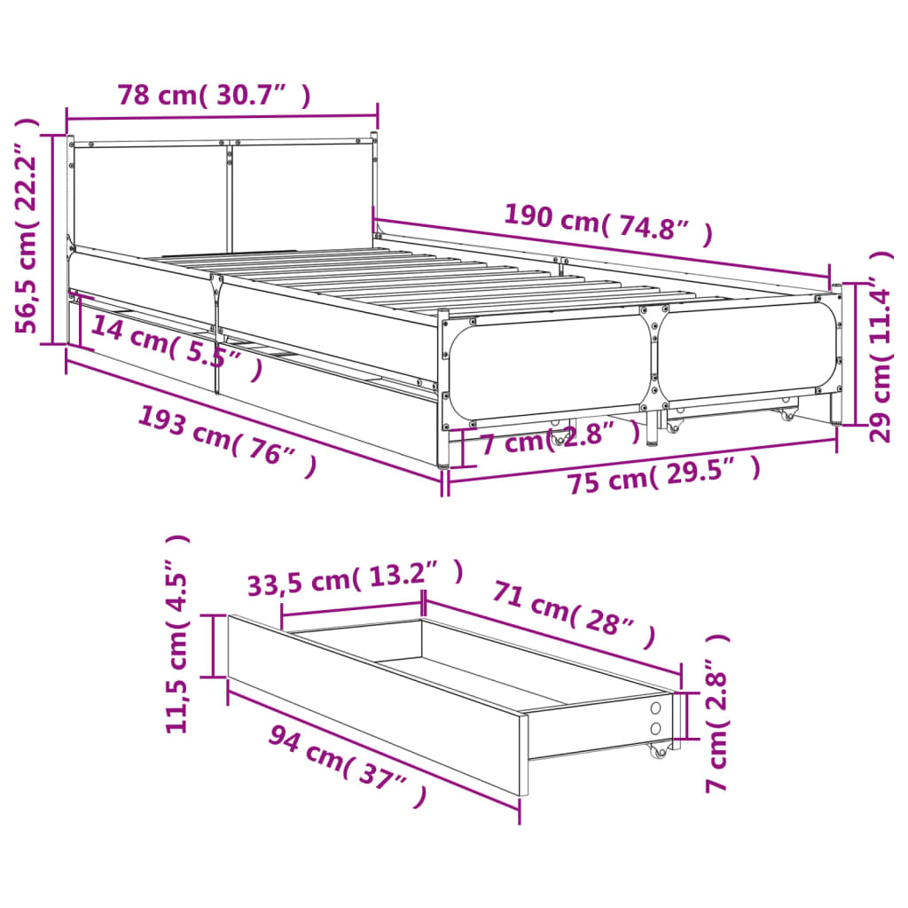 vidaXL Cadre de lit et tiroirs chêne sonoma 75x190cm bois d'ingénierie