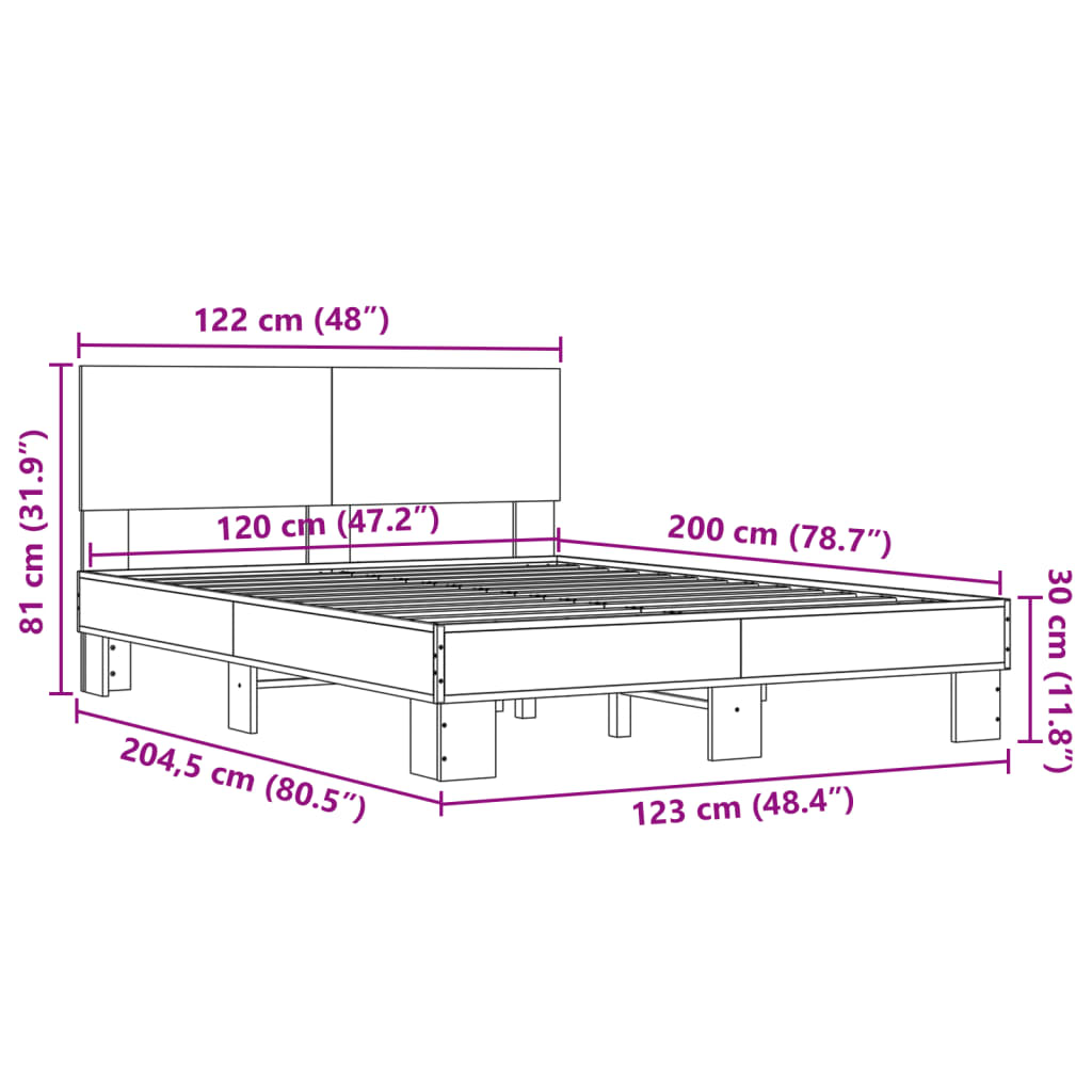 vidaXL Cadre de lit chêne marron 120x200 cm bois d'ingénierie et métal