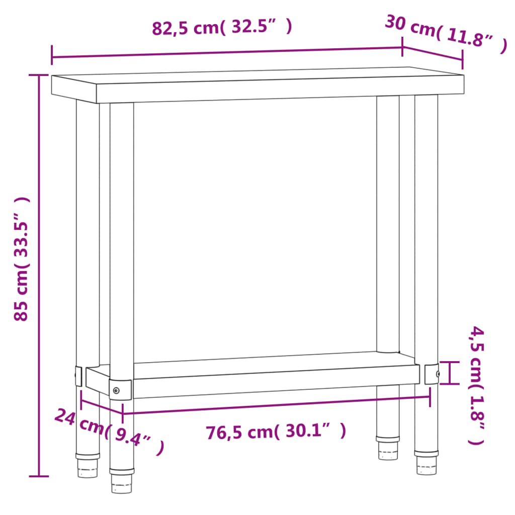 vidaXL Table de travail de cuisine 82,5x30x85 cm acier inoxydable