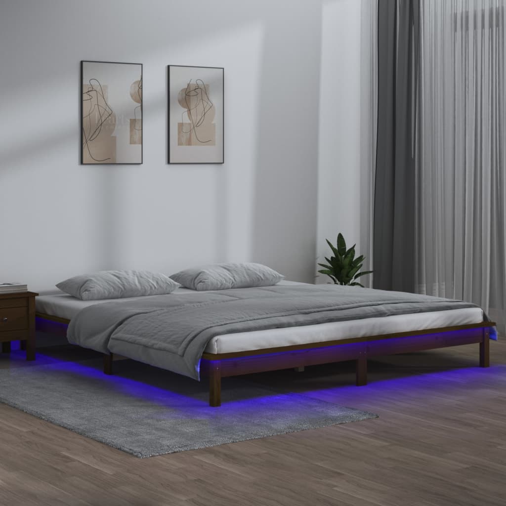 vidaXL Cadre de lit à LED marron miel 140x200 cm bois massif