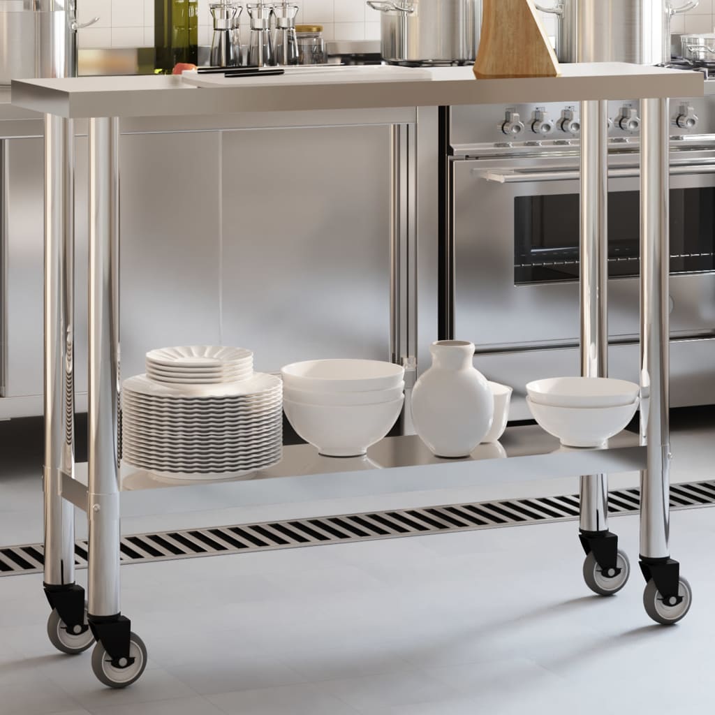 vidaXL Table de travail de cuisine avec roues 110x30x85 cm inox