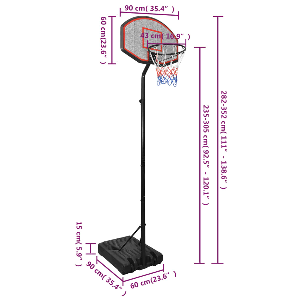 vidaXL Support de basket-ball Noir 282-352 cm Polyéthylène