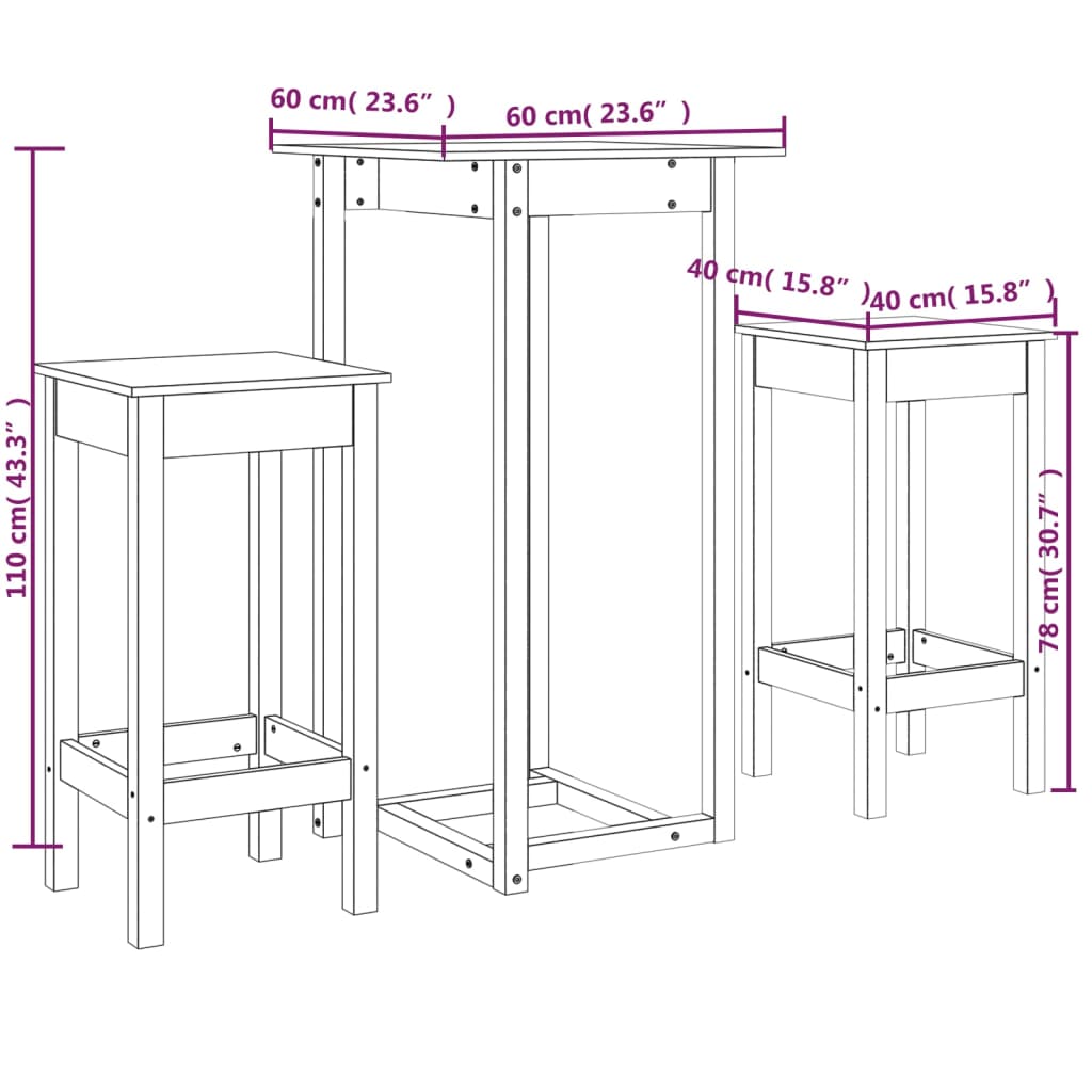 vidaXL Ensemble de bar 3 pcs Bois de pin massif