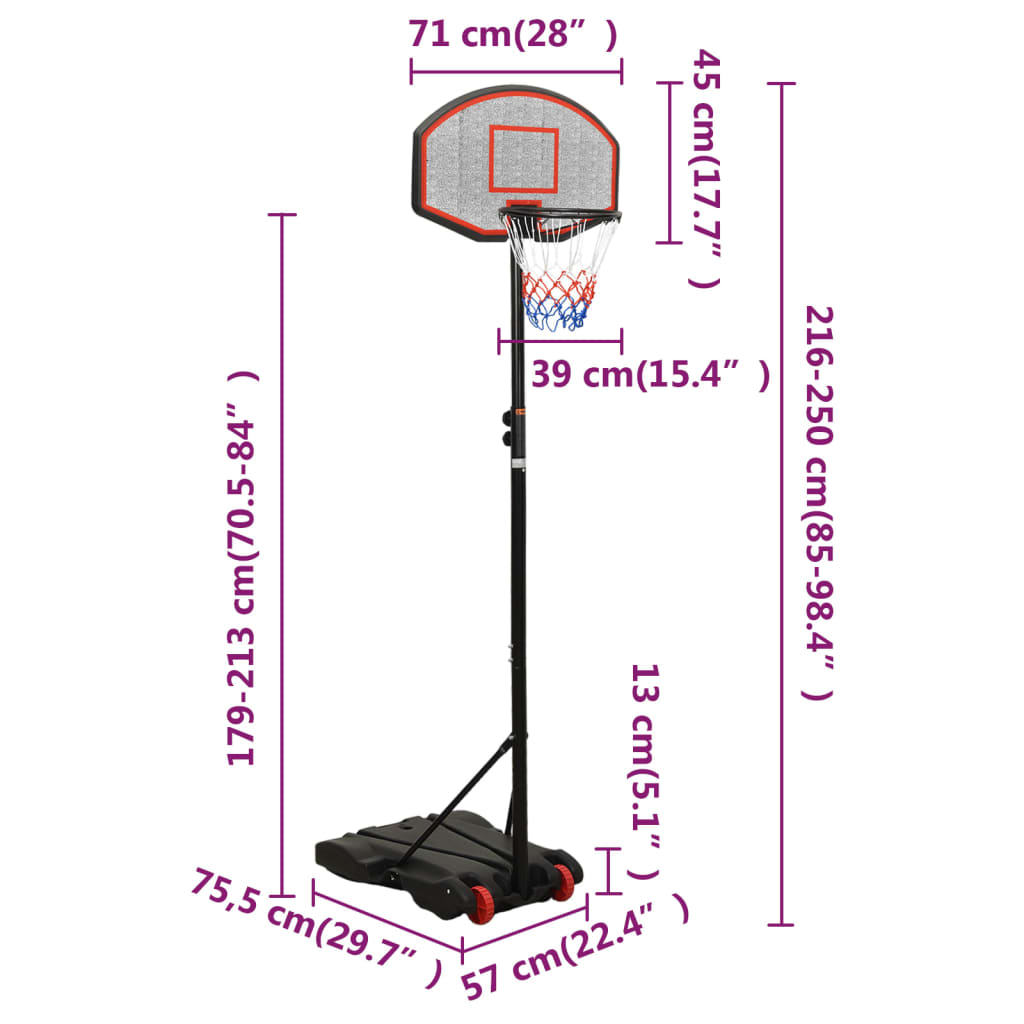 vidaXL Support de basket-ball Noir 216-250 cm Polyéthylène