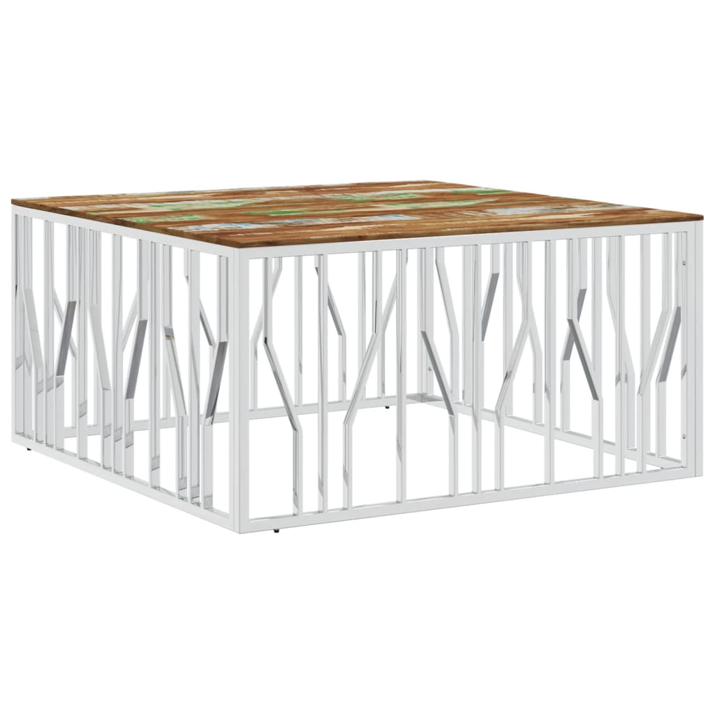 vidaXL Table basse argenté acier inoxydable/bois massif récupération