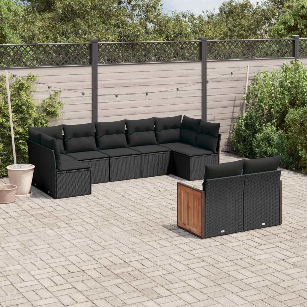 vidaXL Salon de jardin 9 pcs avec coussins noir résine tressée