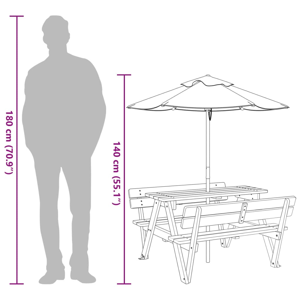 vidaXL Table de pique-nique pour 4 enfants avec parasol bois de sapin