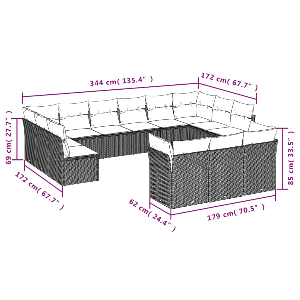 vidaXL Salon de jardin avec coussins 13 pcs noir résine tressée