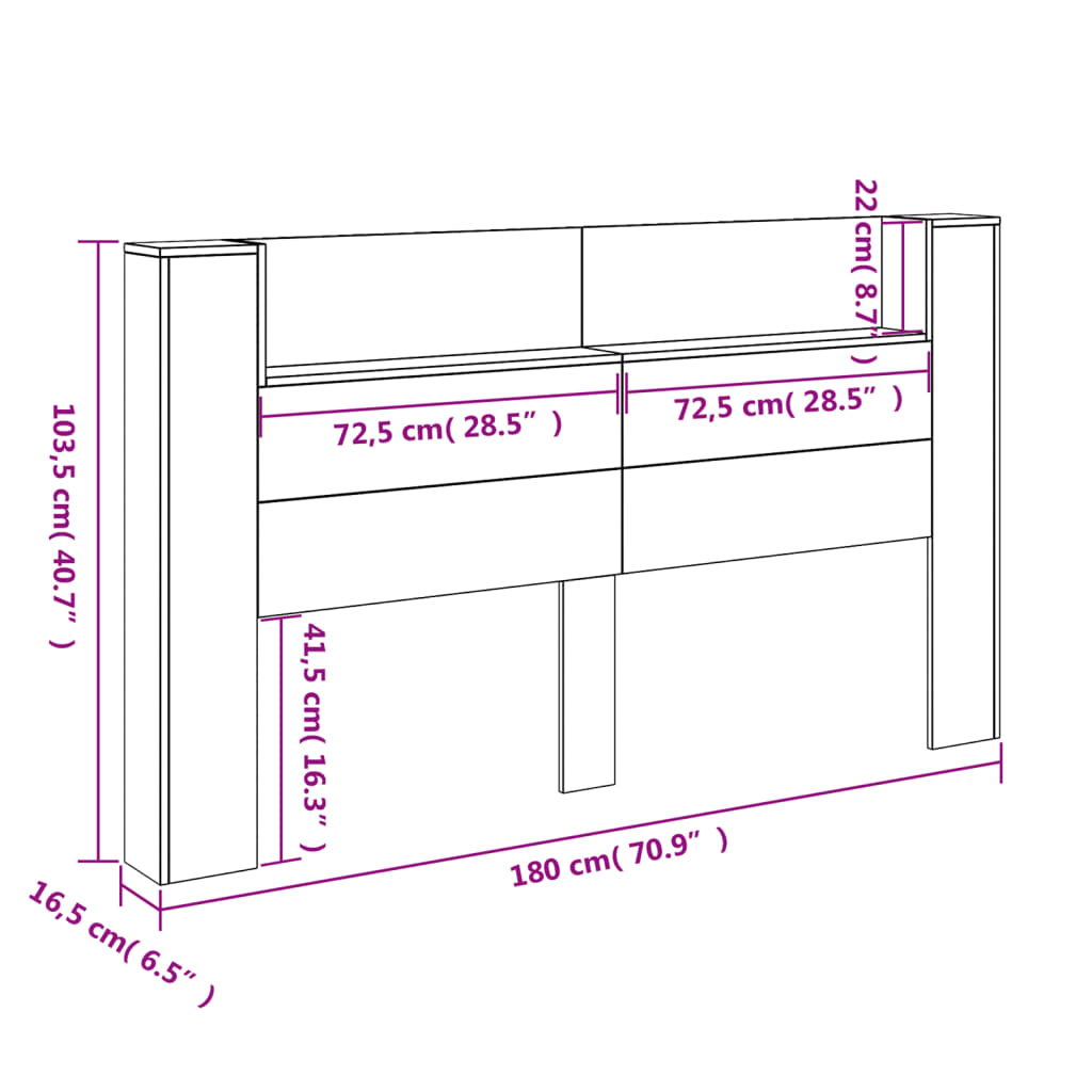 vidaXL Armoire tête de lit avec LED chêne marron 180x16,5x103,5 cm