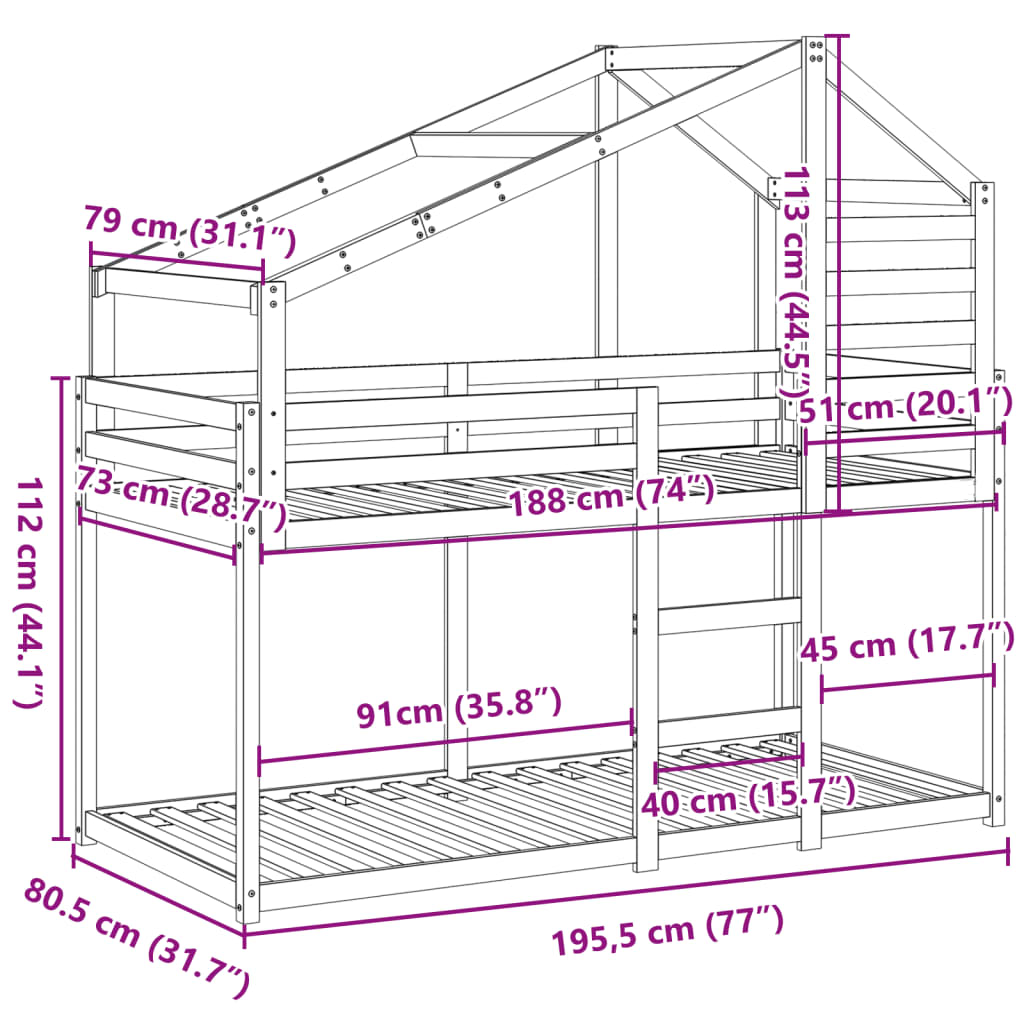 vidaXL Lit superposé avec toit 75x190 cm bois de pin massif