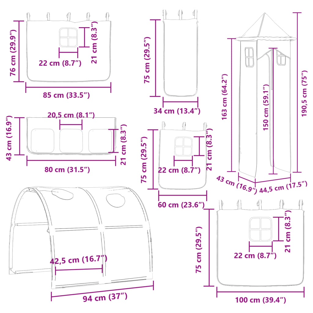 vidaXL Lit superposé sans matelas avec toboggan et rideaux 90x200 cm