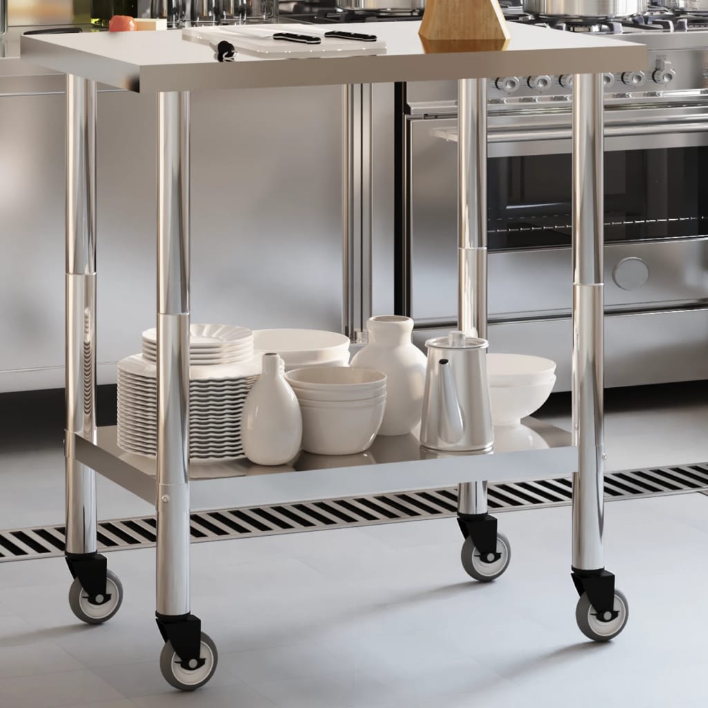 vidaXL Table de travail de cuisine avec roues 82,5x55x85 cm inox