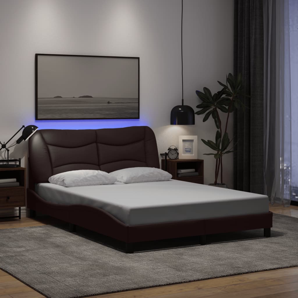 vidaXL Cadre de lit avec lumières LED marron foncé 140x200 cm tissu