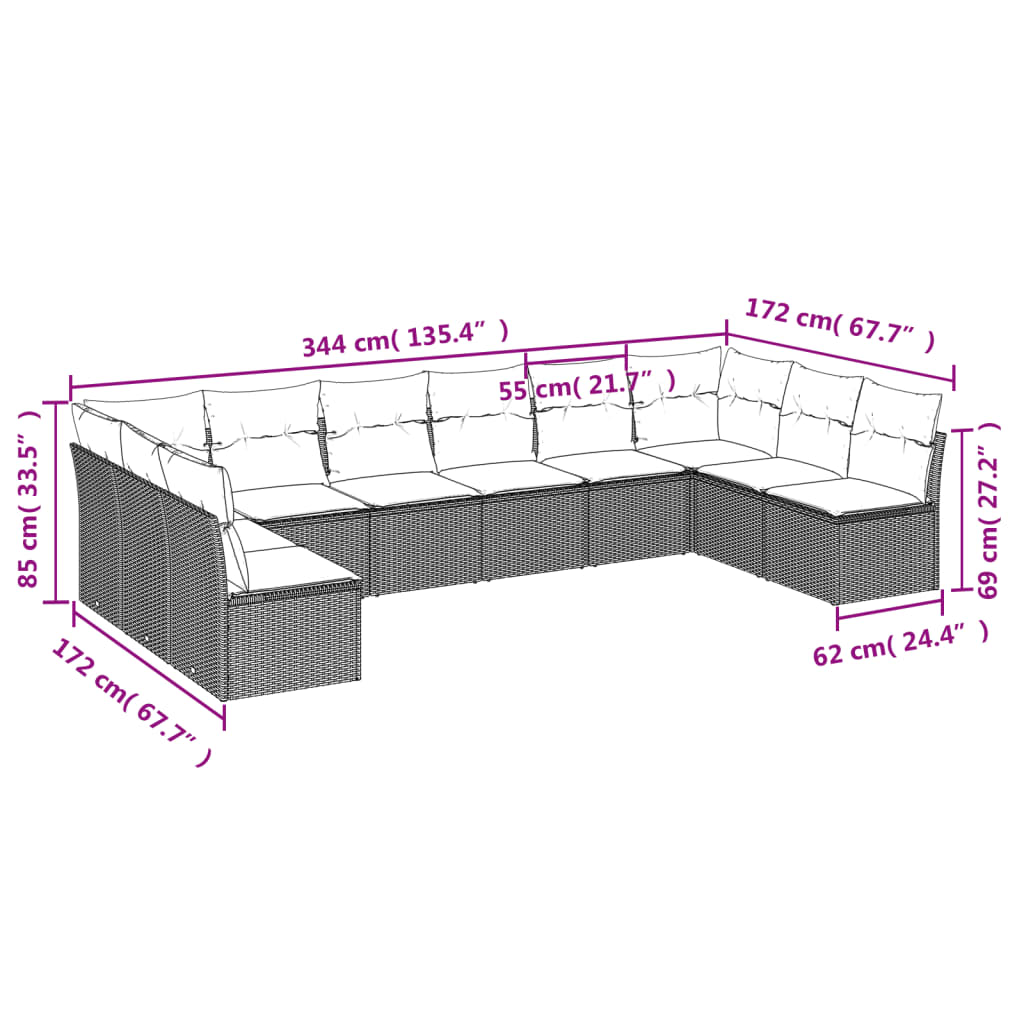 vidaXL Salon de jardin avec coussins 10 pcs gris résine tressée