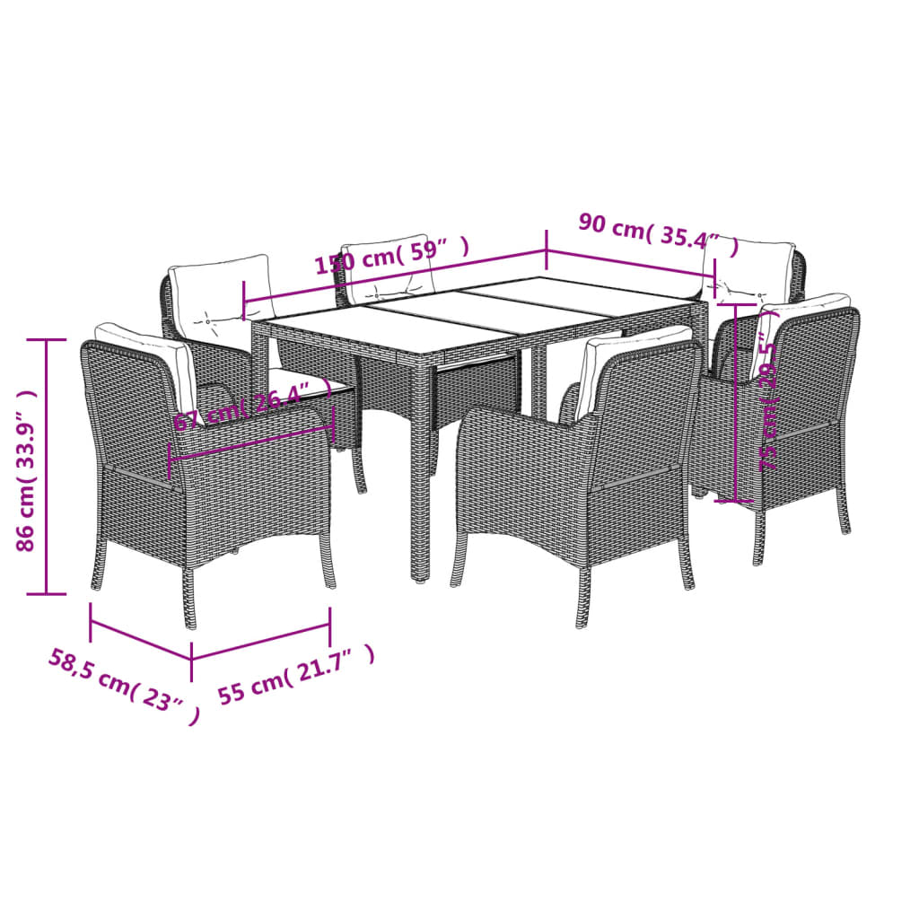 vidaXL Ensemble à manger de jardin coussins 7pcs Noir Résine tressée