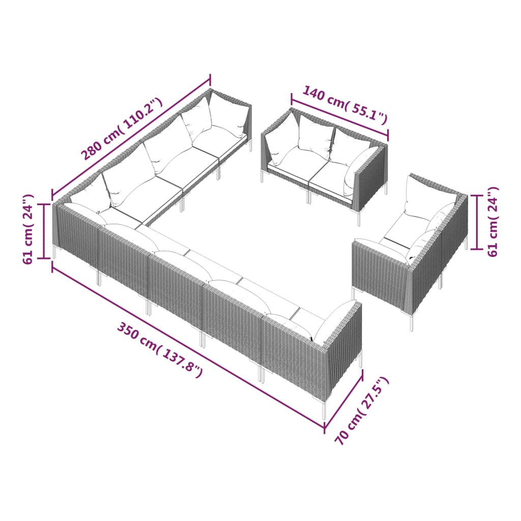 vidaXL Salon de jardin 12 pcs avec coussins Résine tressée Gris foncé