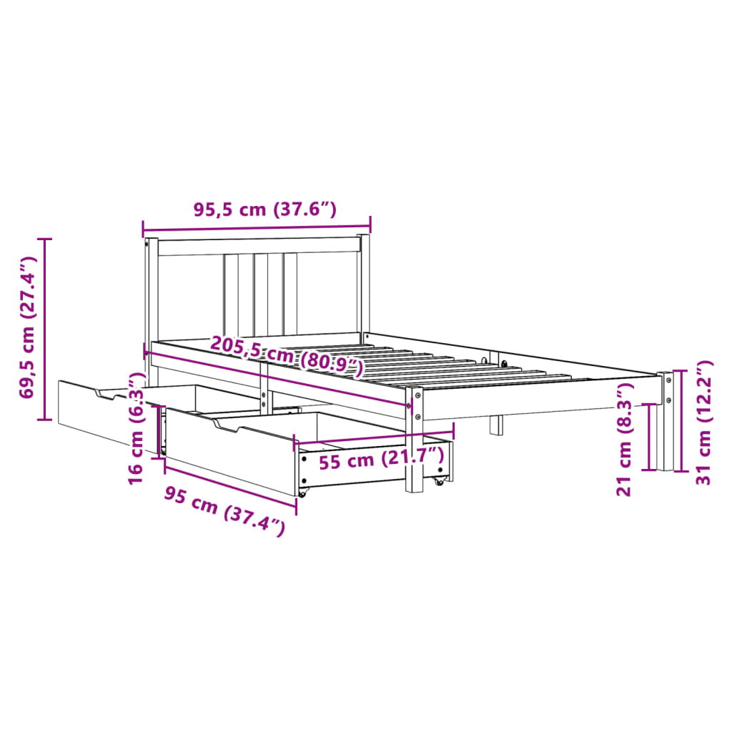 vidaXL Cadre de lit sans matelas blanc 90x200 cm bois de pin massif