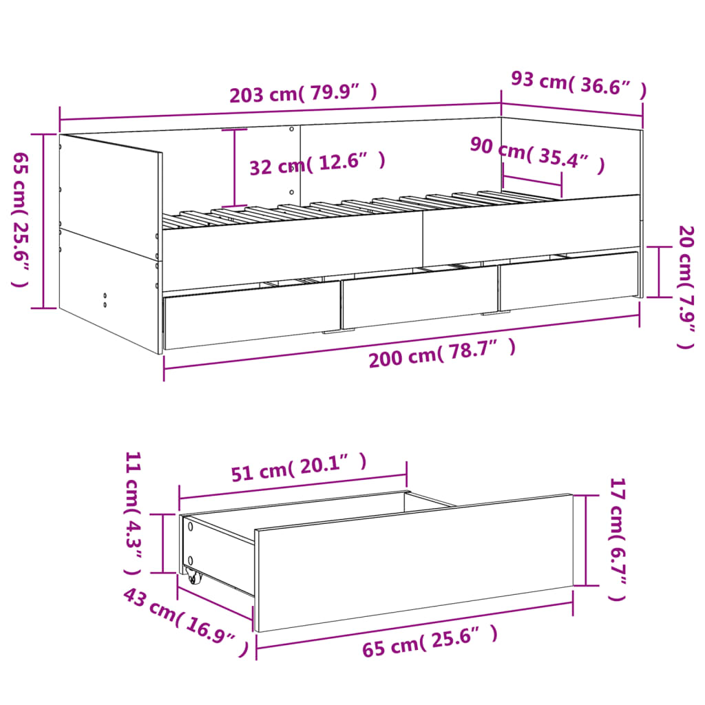 vidaXL Lit de jour avec tiroirs sans matelas sonoma gris 90x200 cm