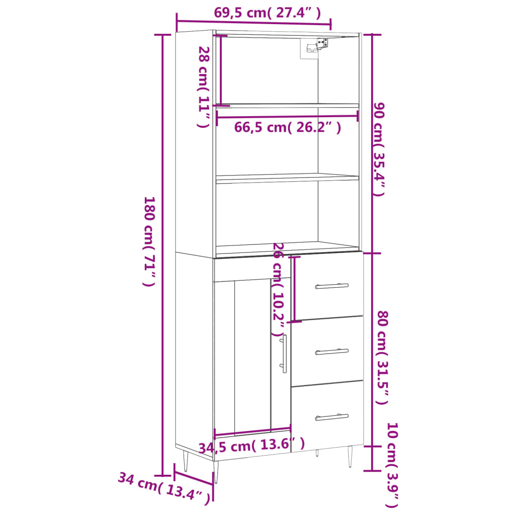 vidaXL Buffet haut Chêne sonoma 69,5x34x180 cm Bois d'ingénierie