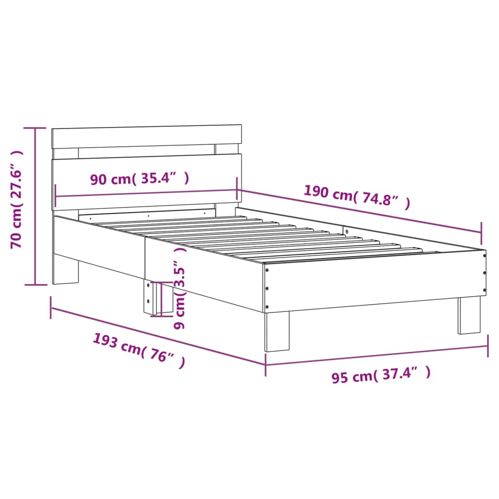 vidaXL Cadre de lit avec tête de lit et lumières LED blanc 90x190 cm