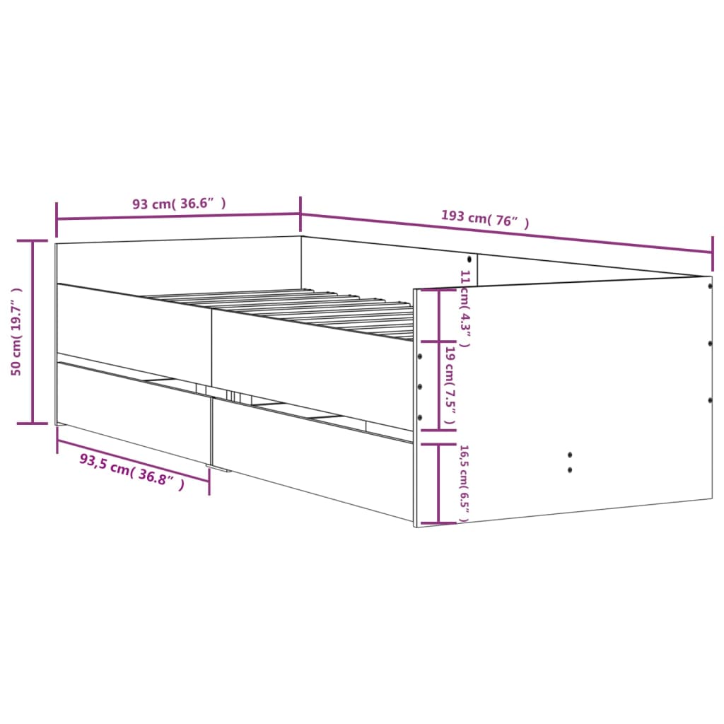 vidaXL Cadre de lit avec tiroirs sans matelas chêne marron 90x190 cm