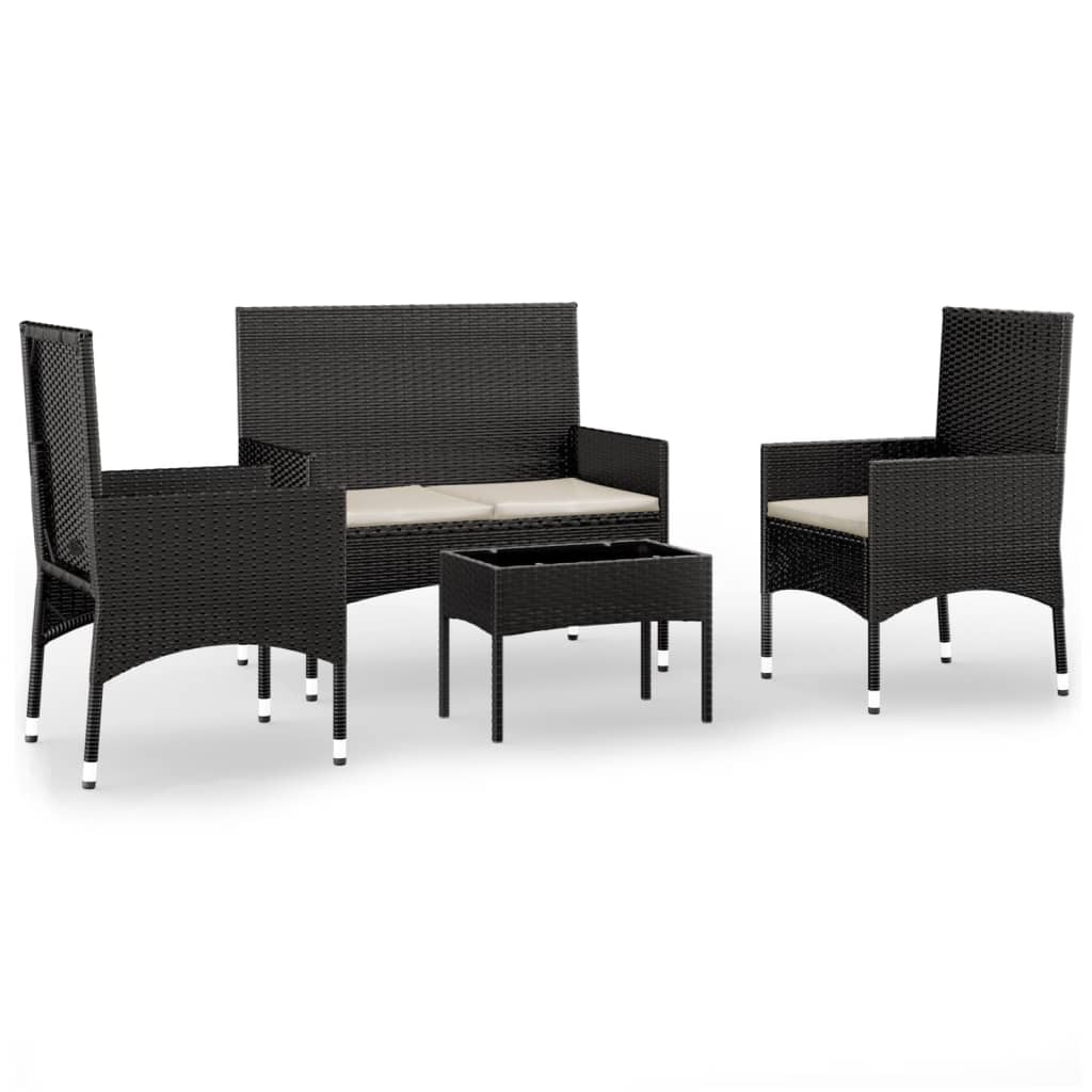 vidaXL Salon de jardin 4 pcs avec coussins Noir Résine tressée