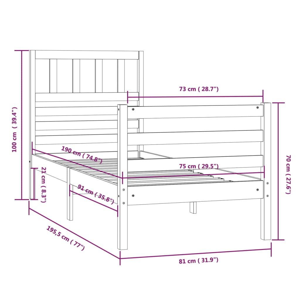 vidaXL Cadre de lit 75x190 cm Petit simple Bois massif