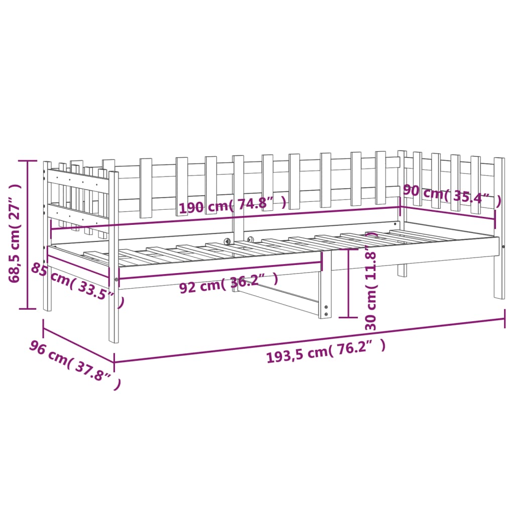 vidaXL Lit de jour sans matelas noir 90x190 cm bois de pin massif