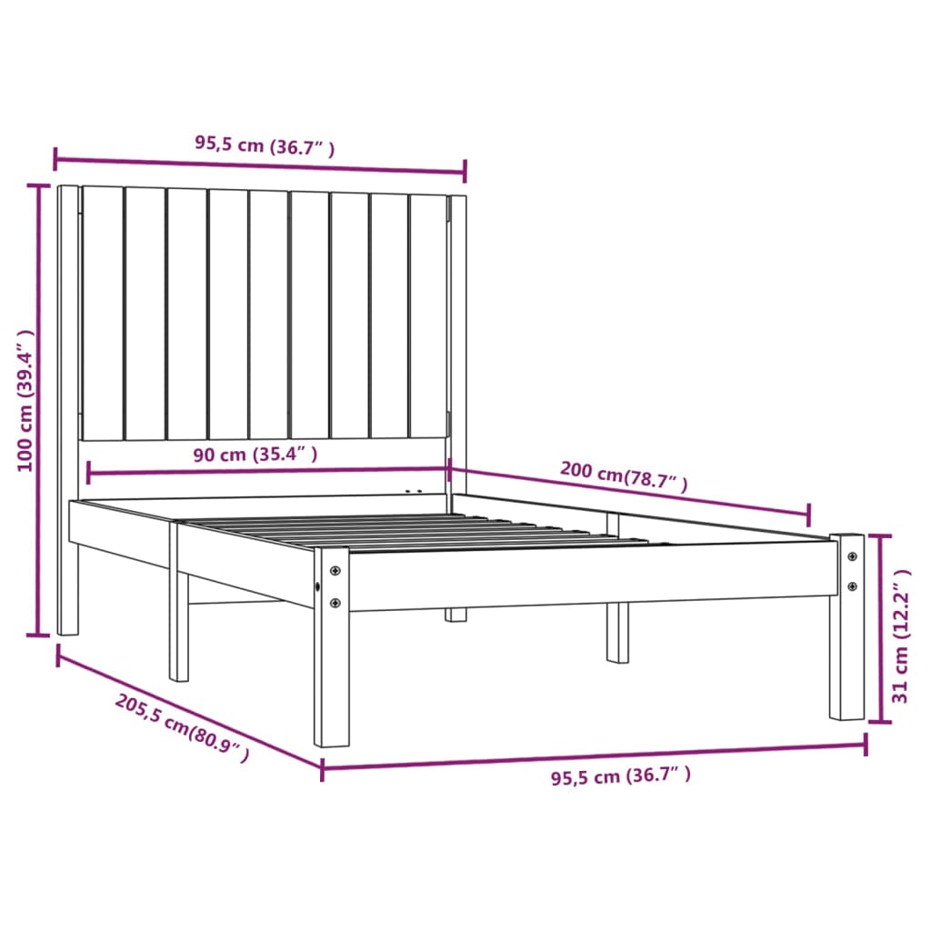 vidaXL Cadre de lit Gris Bois de pin massif 90x200 cm