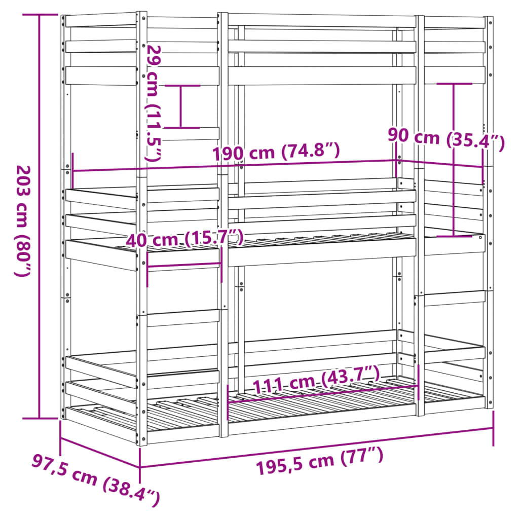 vidaXL Lit superposé triple sans matelas 90x190 cm bois de pin massif