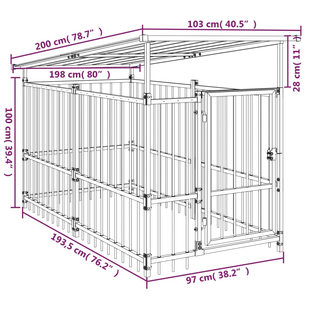 vidaXL Chenil d'extérieur avec toit pour chiens Acier 1,88 m²