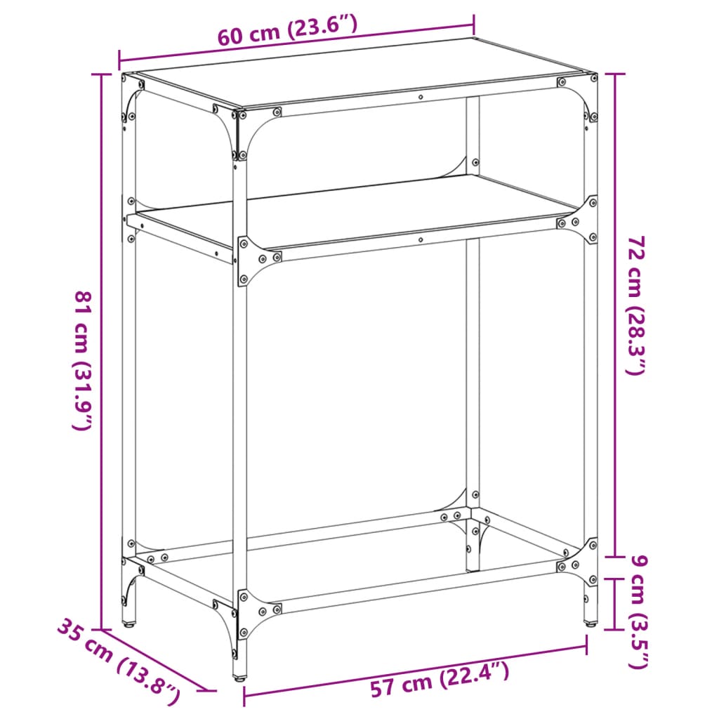 vidaXL Table console avec dessus en verre transparent 60x35x81cm acier