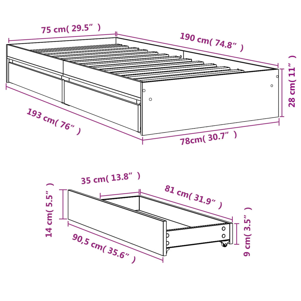 vidaXL Cadre de lit avec tiroirs noir 75x190 cm bois d'ingénierie