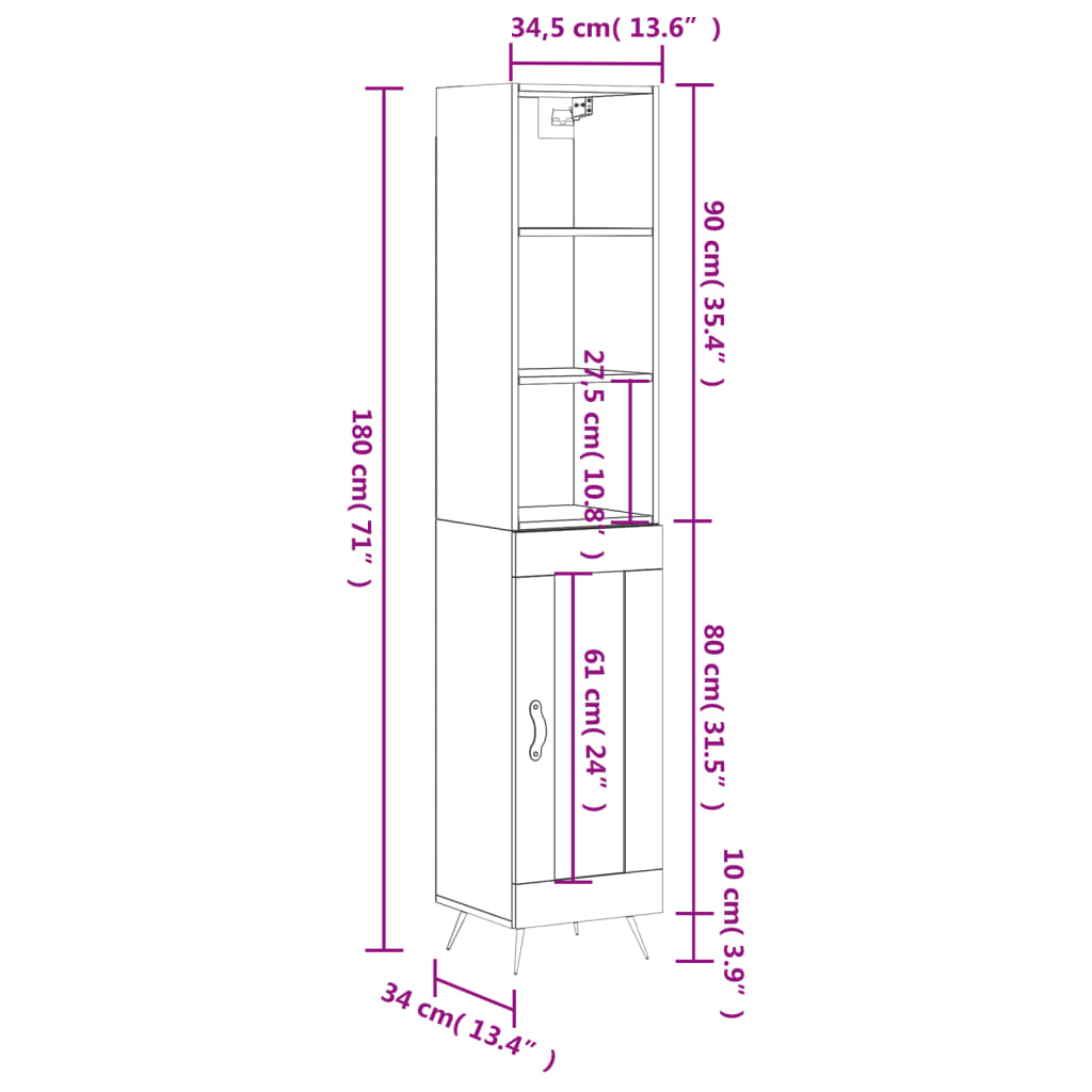 vidaXL Buffet haut Chêne fumé 34,5x34x180 cm Bois d'ingénierie