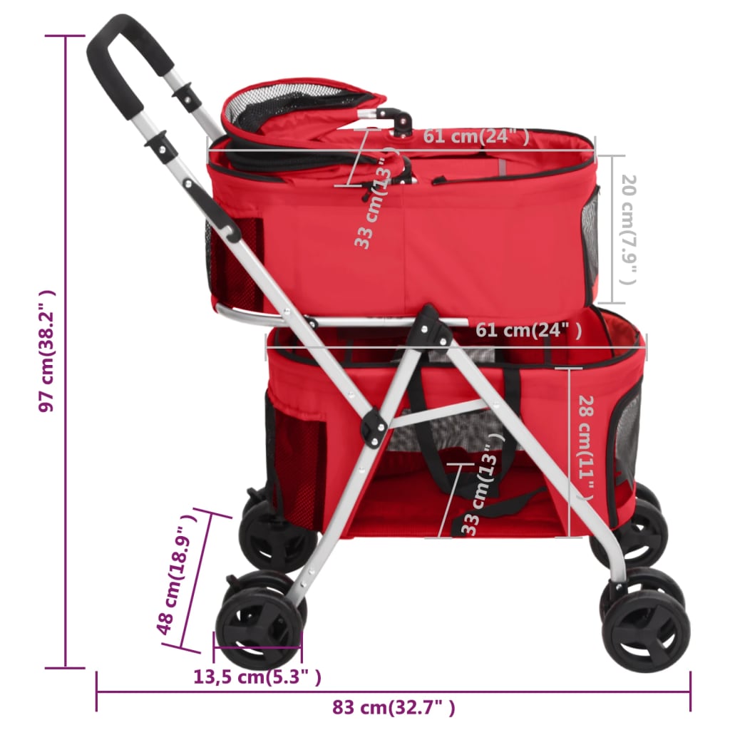 vidaXL Poussette pour chien pliante à 2 niveaux Rouge 83x48x97 cm