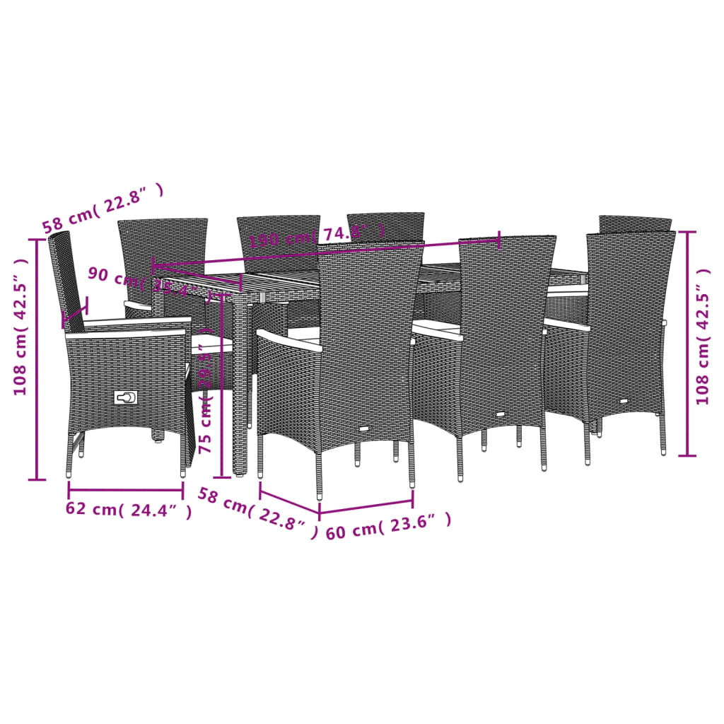 vidaXL Ensemble à manger de jardin coussins 7pcs Noir Résine tressée