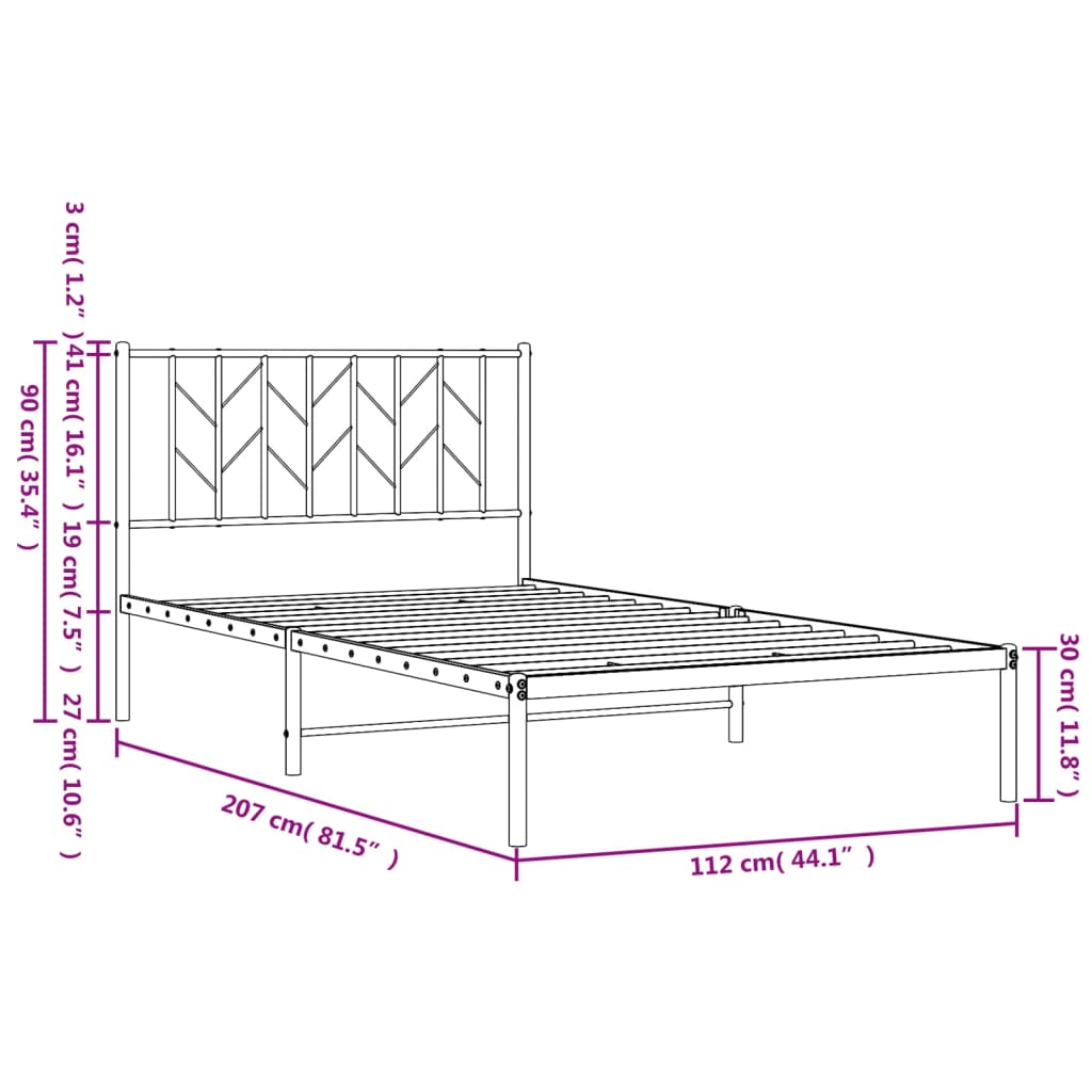 vidaXL Cadre de lit métal sans matelas avec tête de lit noir 107x203cm