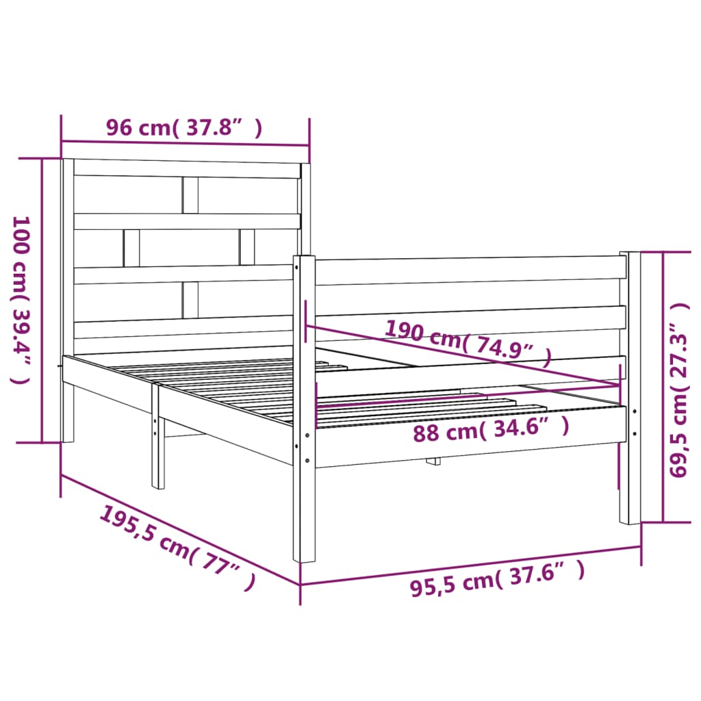 vidaXL Cadre de lit Blanc 90x190 cm Simple Bois massif