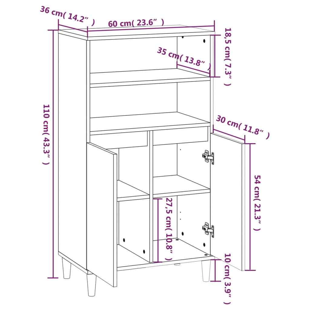 vidaXL Buffet haut Noir 60x36x110 cm Bois d'ingénierie